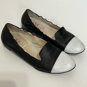 AGL Cap Toe Smoking Black & White Leather Flats Womens Size 36.5